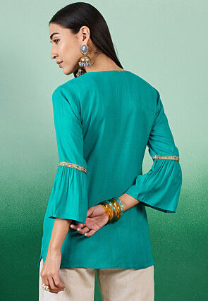 Embroidered Cotton Jacquard Top in Teal Blue