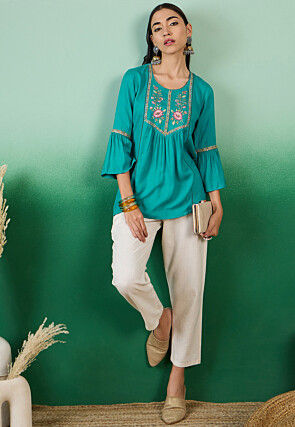 Embroidered Cotton Jacquard Top in Teal Blue