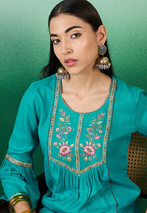 Embroidered Cotton Jacquard Top in Teal Blue