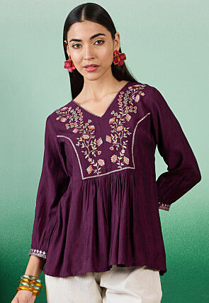 Embroidered Cotton Jacquard Top in Violet
