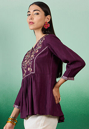 Embroidered Cotton Jacquard Top in Violet