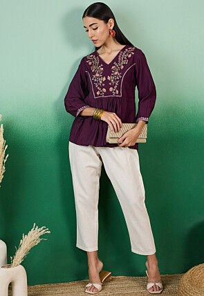 Embroidered Cotton Jacquard Top in Violet