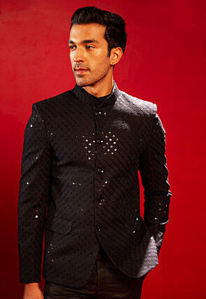 Embroidered Cotton Jodhpuri Jacket in Black