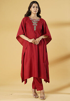 Embroidered Cotton Kaftan Set in Maroon