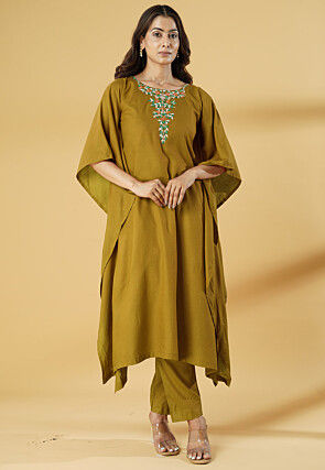 Embroidered Cotton Kaftan Style Kurta Set in Olive Green