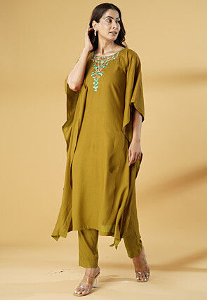 Embroidered Cotton Kaftan Style Kurta Set in Olive Green