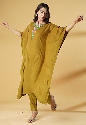 Embroidered Cotton Kaftan Style Kurta Set in Olive Green
