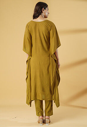 Embroidered Cotton Kaftan Style Kurta Set in Olive Green