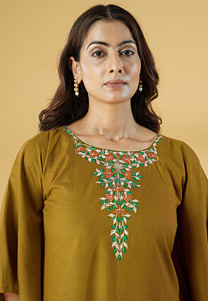Embroidered Cotton Kaftan Style Kurta Set in Olive Green