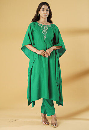 Embroidered Cotton Kaftan Style Kurta Set in Turquoise Green