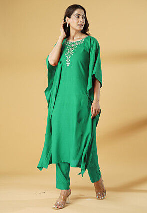 Embroidered Cotton Kaftan Style Kurta Set in Turquoise Green