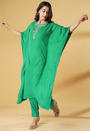 Embroidered Cotton Kaftan Style Kurta Set in Turquoise Green