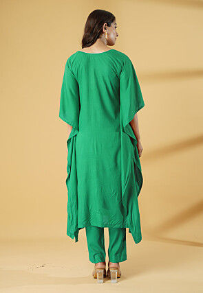 Embroidered Cotton Kaftan Style Kurta Set in Turquoise Green