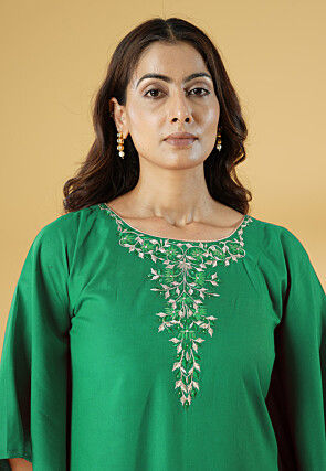 Embroidered Cotton Kaftan Style Kurta Set in Turquoise Green