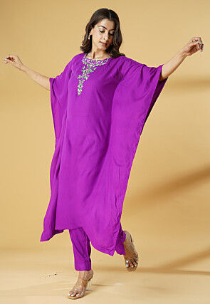 Embroidered Cotton Kaftan Style Kurta Set in Violet