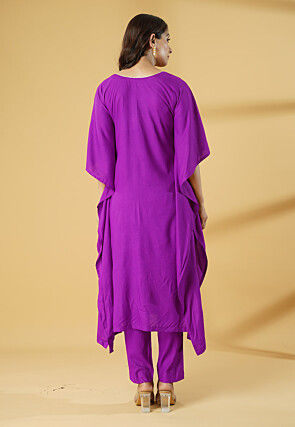 Embroidered Cotton Kaftan Style Kurta Set in Violet
