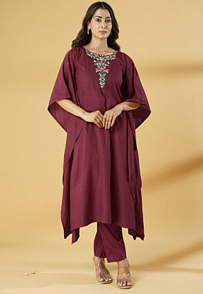 Embroidered Cotton Kaftan Style Kurta Set in Wine