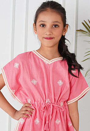 Embroidered Cotton Kaftan Style Top in Pink