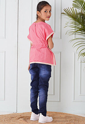 Embroidered Cotton Kaftan Style Top in Pink