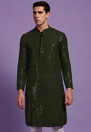 Embroidered Cotton Kurta in Black and Olive Green