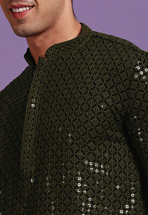 Embroidered Cotton Kurta in Black and Olive Green