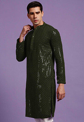 Embroidered Cotton Kurta in Black and Olive Green
