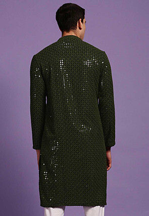 Embroidered Cotton Kurta in Black and Olive Green