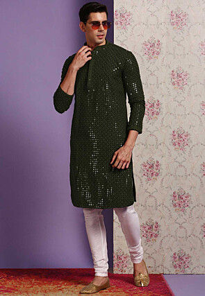 Embroidered Cotton Kurta in Black and Olive Green