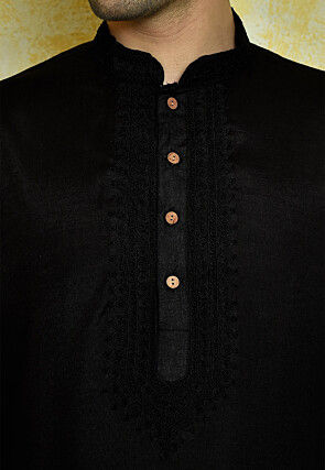 Embroidered Cotton Kurta in Black