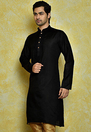 Embroidered Cotton Kurta in Black