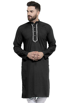 Embroidered Cotton Kurta in Black