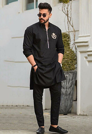 Embroidered Cotton Kurta in Black