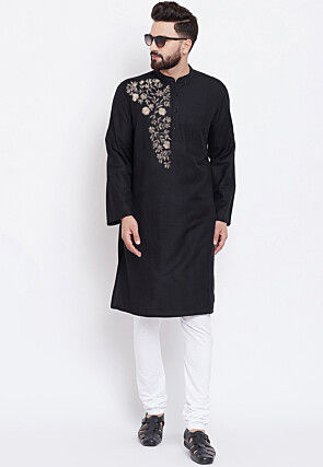 Embroidered Cotton Kurta in Black