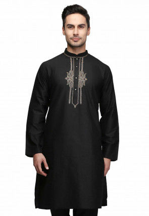 Embroidered Cotton Kurta in Black