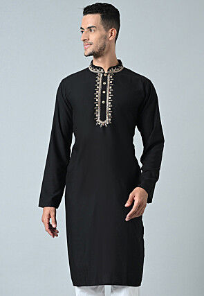 Embroidered Cotton Kurta in Black