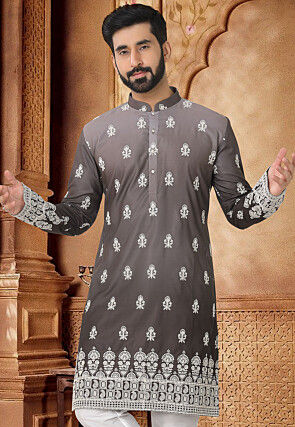 Embroidered Cotton Kurta in Grey Ombre