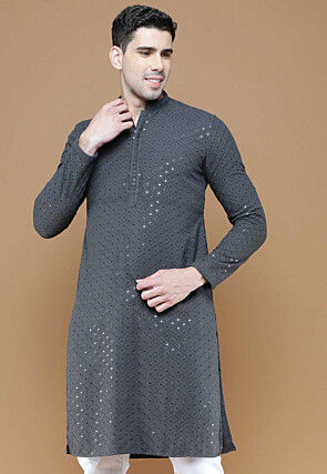 Embroidered Cotton Kurta in Grey