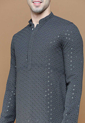 Embroidered Cotton Kurta in Grey