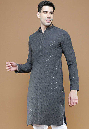 Embroidered Cotton Kurta in Grey