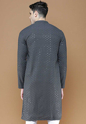 Embroidered Cotton Kurta in Grey