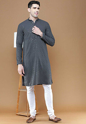Embroidered Cotton Kurta in Grey