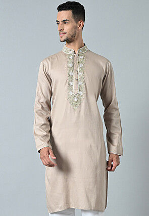 Embroidered Cotton Kurta in Light Fawn