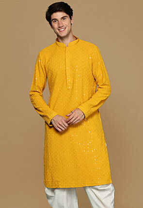 Embroidered Cotton Kurta in Mustard