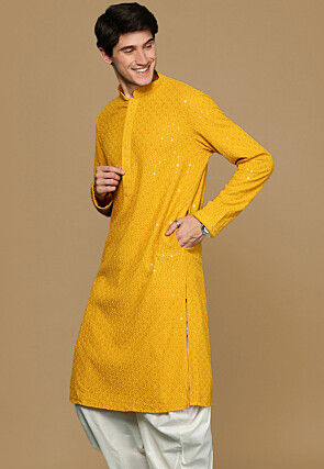 Embroidered Cotton Kurta in Mustard