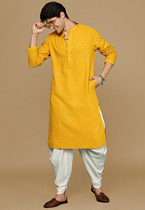 Embroidered Cotton Kurta in Mustard