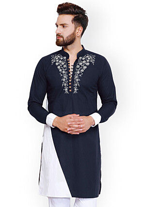 Embroidered Cotton Kurta in Navy Blue