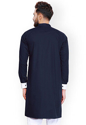 Embroidered Cotton Kurta in Navy Blue