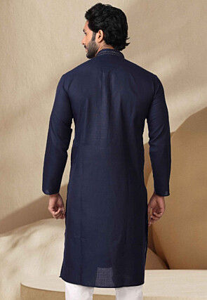 Embroidered Cotton Kurta in Navy Blue