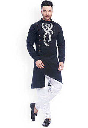 Embroidered Cotton Kurta in Navy Blue
