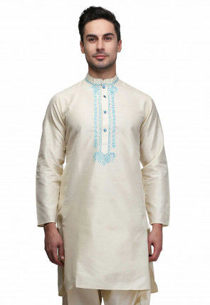 Embroidered Cotton Kurta in Off White